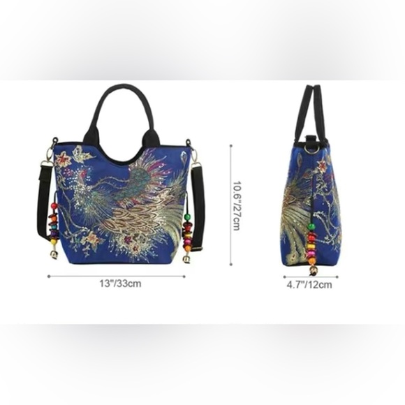 Red Embroidered Satchel, Double Handle Purse, Retro Style With Removable Strap - Picture 8 of 13